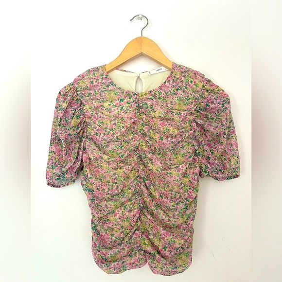 Mango Tops - mango ruched medium Floral Pink Women's Top